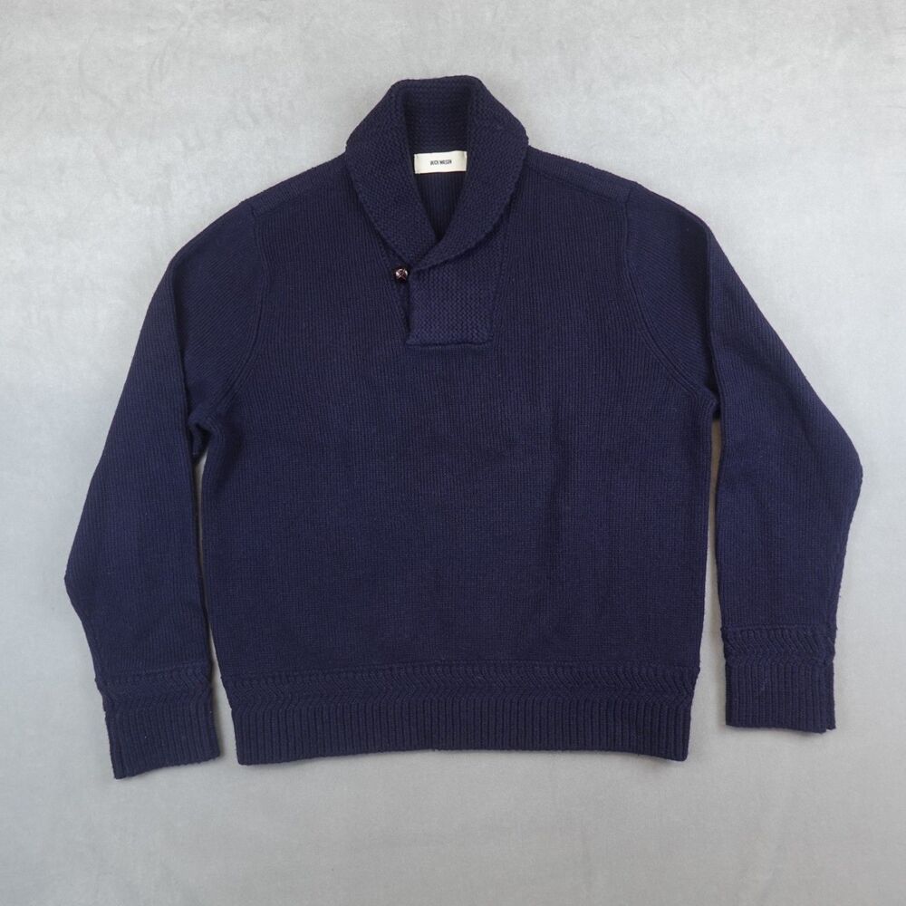 Buck Mason Shawl Collar Sweater Mens Large Navy Blue Wool Blend Heavy Knit